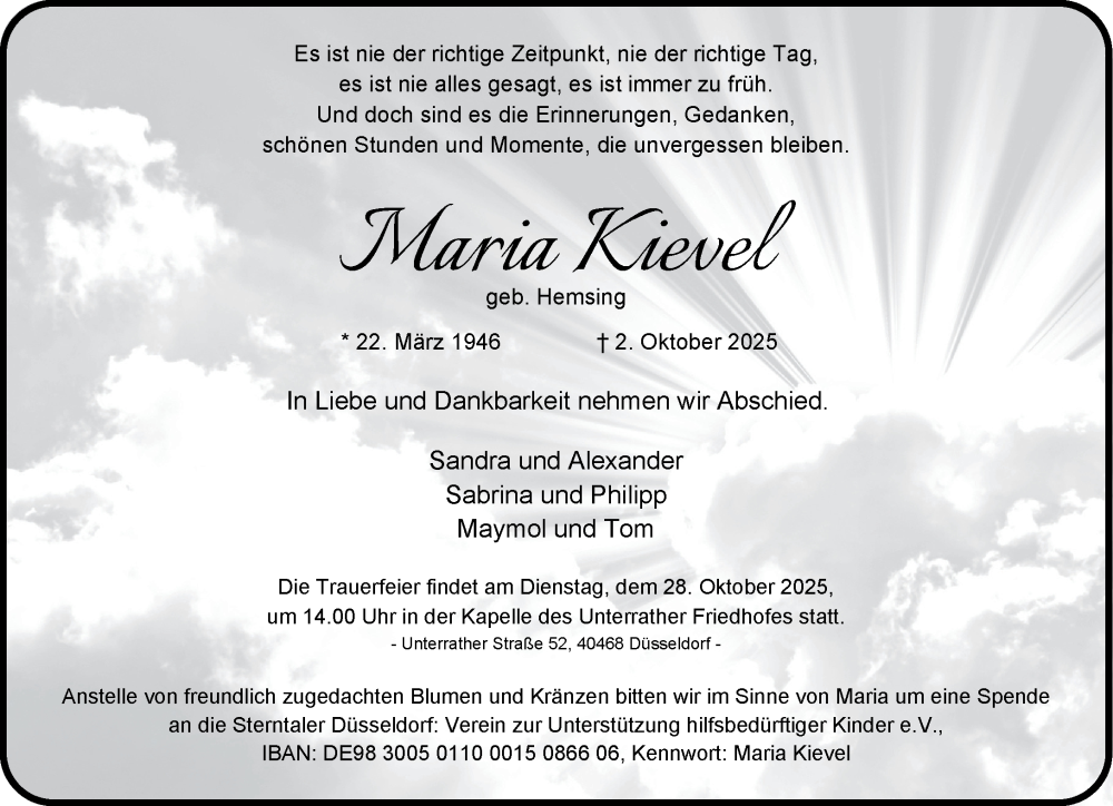  Traueranzeige für Maria Kievel vom 25.10.2025 aus Rheinische Post