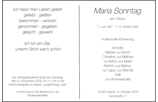 Traueranzeige von Maria Sonntag von Rheinische Post