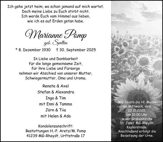 Traueranzeige von Marianne Pomp von Rheinische Post