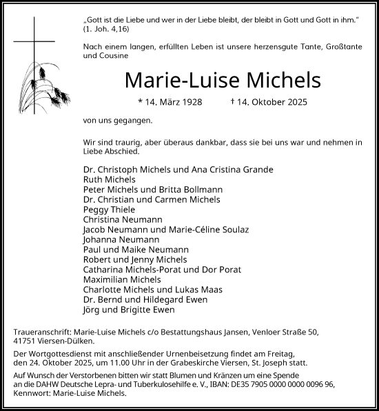 Traueranzeige von Marie-Luise Michels von Rheinische Post