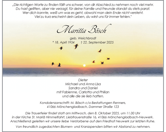 Traueranzeige von Maritta Bösch von Rheinische Post
