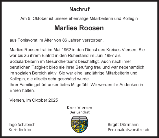 Traueranzeige von Marlies Roosen von Rheinische Post