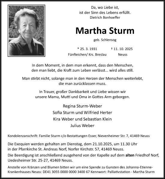 Traueranzeige von Martha Sturm von Rheinische Post