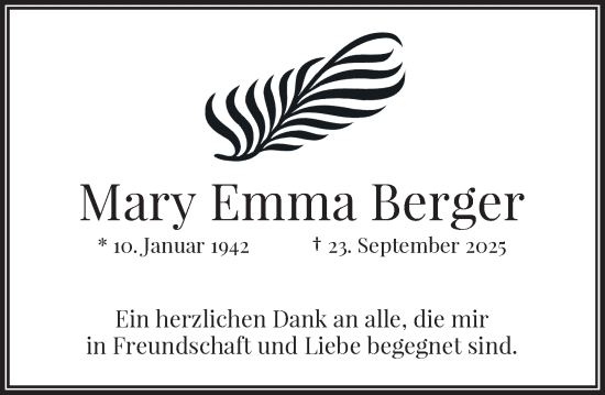 Traueranzeige von Mary Emma Berger von Rheinische Post