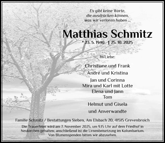 Traueranzeige von Matthias Schmitz von Rheinische Post