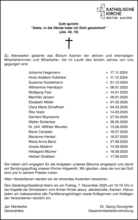 Traueranzeige von Nachruf Katholische Kirche Bistum Aachen von Rheinische Post