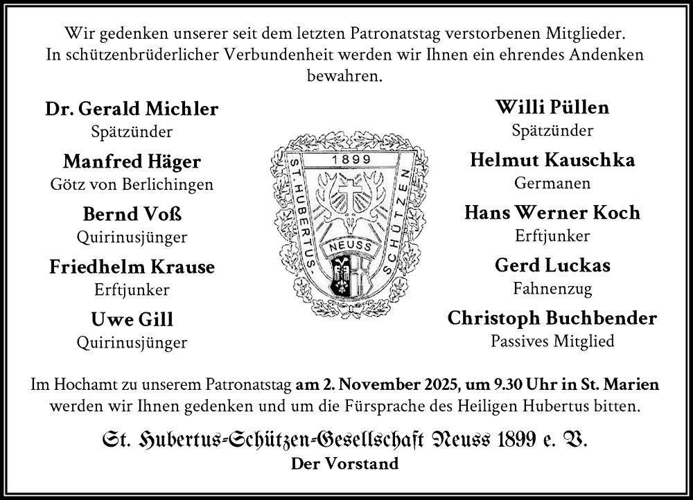  Traueranzeige für Nachruf St. Hubertus-Schützen-Gesellschaft Neuss 1899 e. V. vom 01.11.2025 aus Rheinische Post