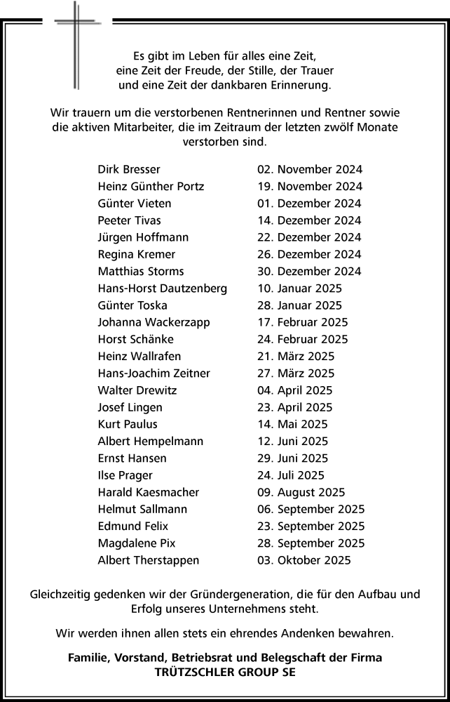  Traueranzeige für Nachruf TRÜTZSCHLER GROUP SE vom 01.11.2025 aus Rheinische Post