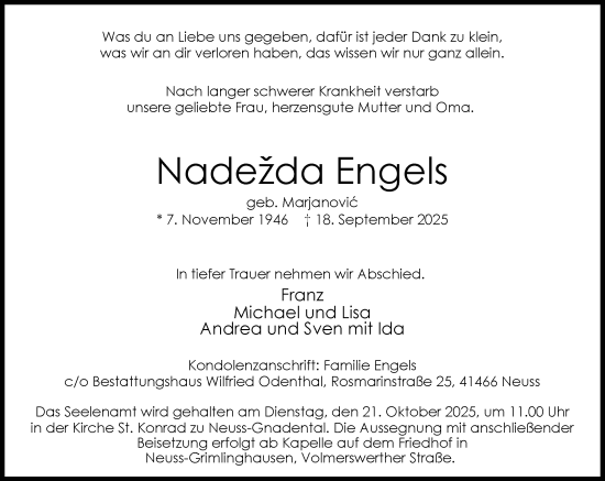 Traueranzeige von Nadežda Engels von Rheinische Post