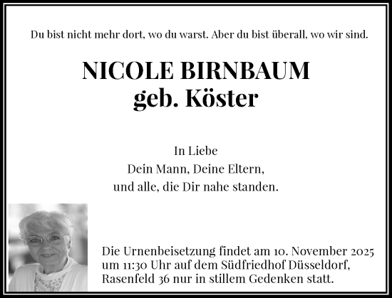 Traueranzeige von Nicole Birnbaum von Rheinische Post