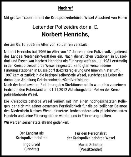 Traueranzeige von Norbert Henrichs von Rheinische Post