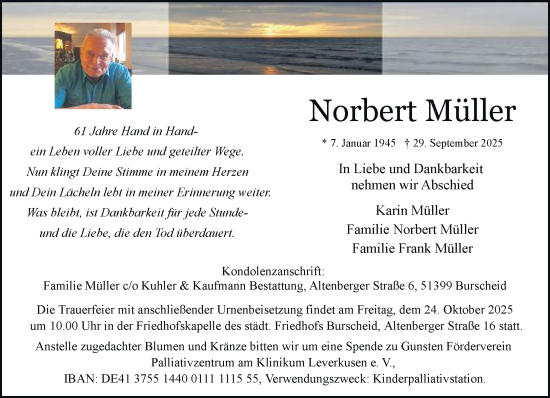Traueranzeige von Norbert Müller von Rheinische Post