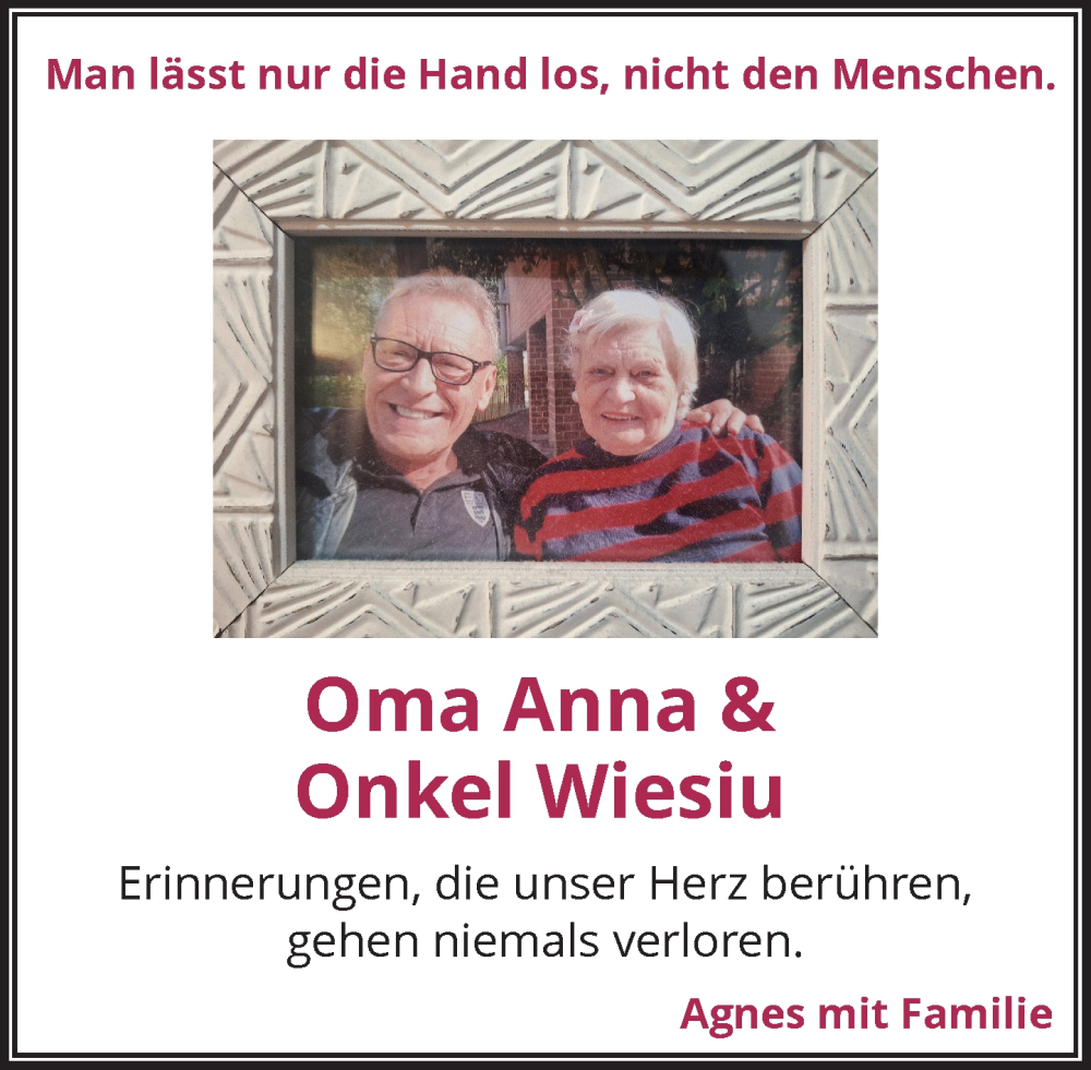  Traueranzeige für Oma Anna  Onkel Wiesiu vom 01.11.2025 aus Rheinische Post