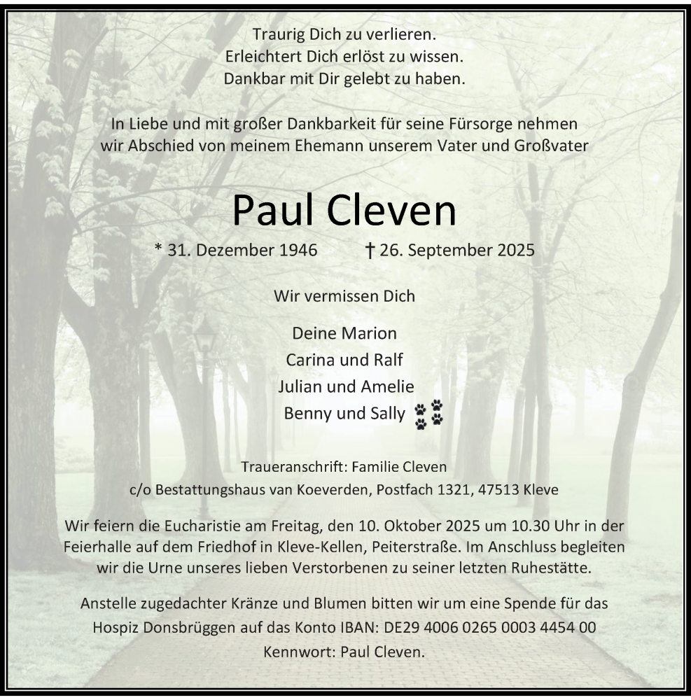  Traueranzeige für Paul Cleven vom 04.10.2025 aus Rheinische Post
