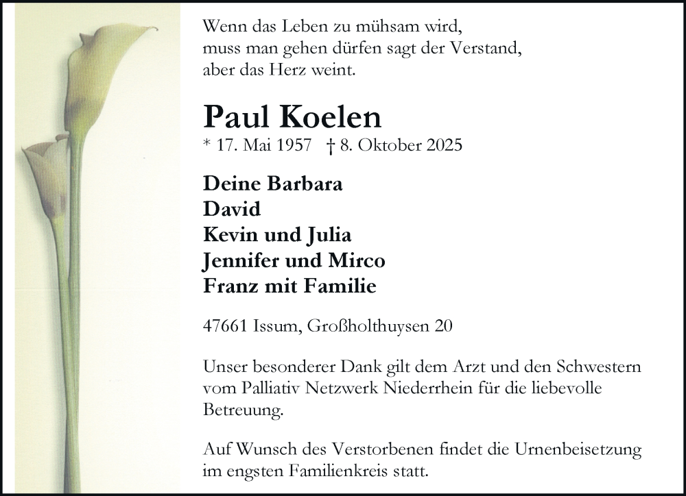  Traueranzeige für Paul Koelen vom 18.10.2025 aus Rheinische Post
