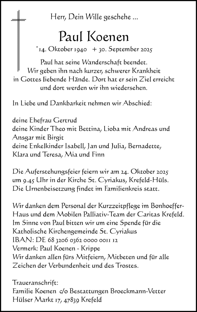  Traueranzeige für Paul Koenen vom 10.10.2025 aus Rheinische Post