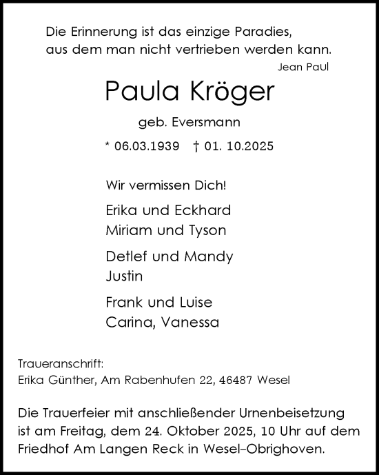 Traueranzeige von Paula Kröger von Rheinische Post
