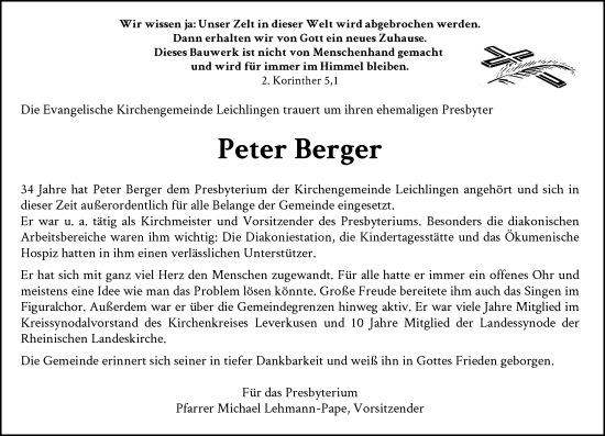 Traueranzeige von Peter Berger von Rheinische Post