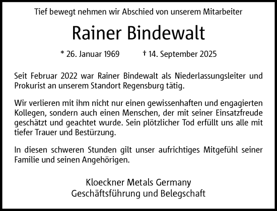 Traueranzeige von Rainer Bindewalt von Rheinische Post