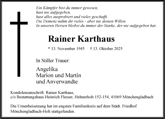Traueranzeige von Rainer Karthaus von Rheinische Post