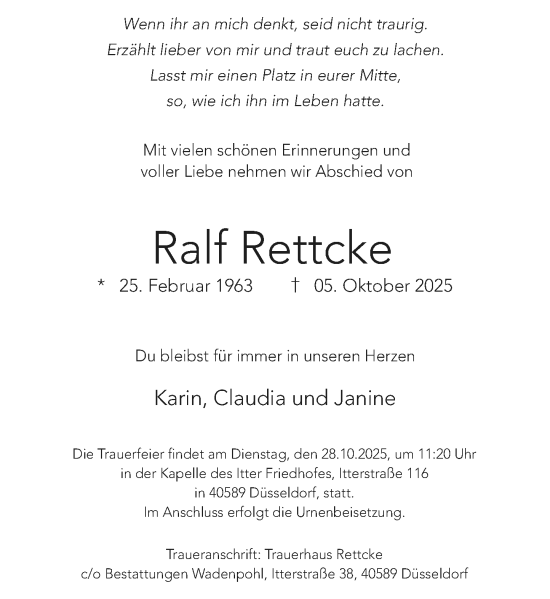 Traueranzeige von Ralf Rettcke von Rheinische Post