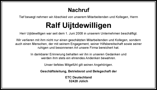 Traueranzeige von Ralf Uijtdewilligen von Rheinische Post