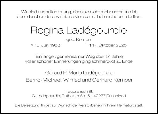 Traueranzeige von Regina Ladégourdie von Rheinische Post