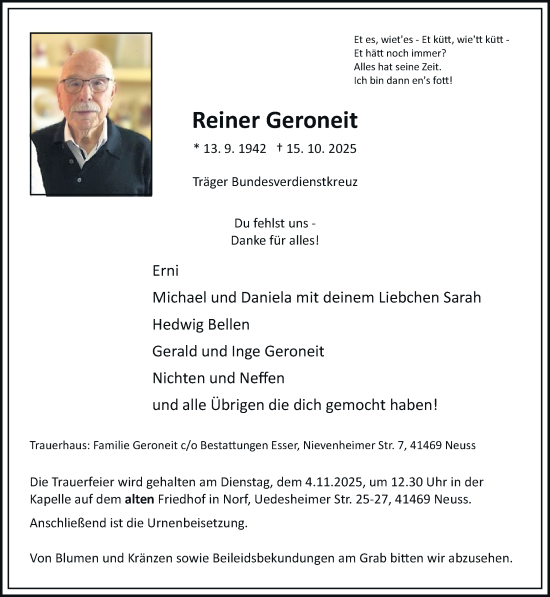 Traueranzeige von Reiner Geroneit von Rheinische Post