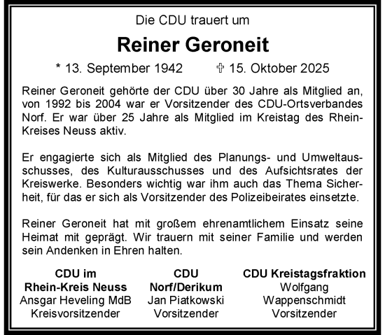 Traueranzeige von Reiner Geroneit von Rheinische Post