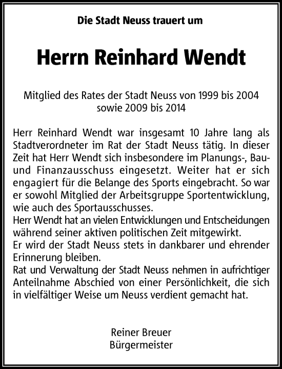 Traueranzeige von Reinhard Wendt von Rheinische Post