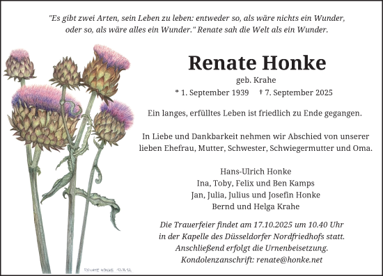 Traueranzeige von Renate Honke von Rheinische Post