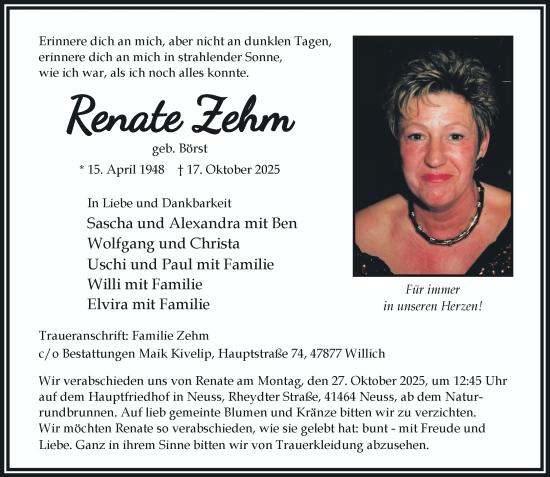 Traueranzeige von Renate Zehm von Rheinische Post