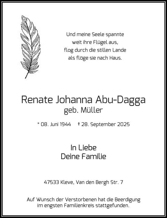 Traueranzeige von Renate Johanna Abu-Dagga von Rheinische Post