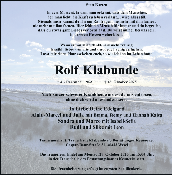 Traueranzeige von Rolf Klabunde von Rheinische Post