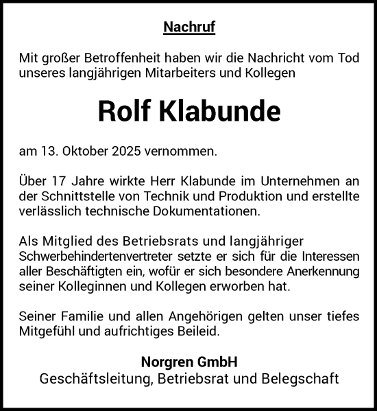 Traueranzeige von Rolf Klabunde von Rheinische Post
