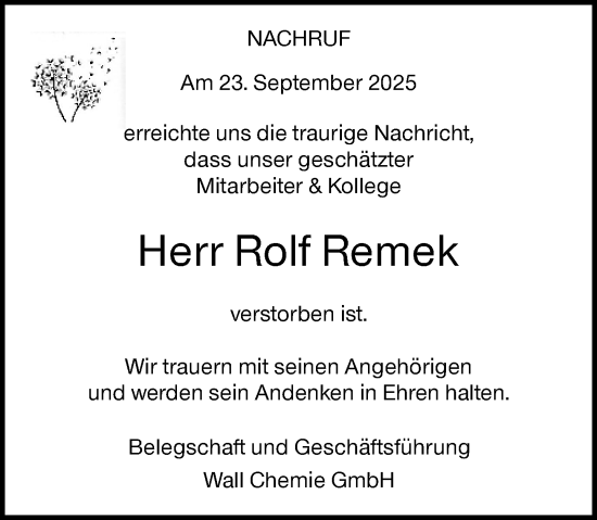 Traueranzeige von Rolf Remek von Rheinische Post
