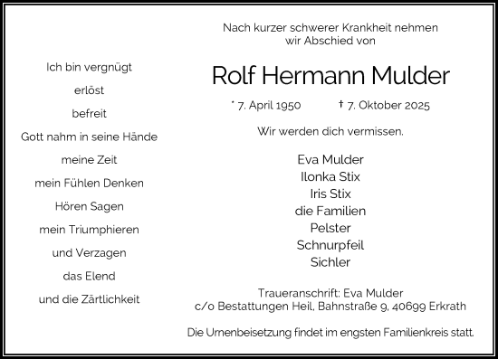 Traueranzeige von Rolf Hermann Mulder von Rheinische Post