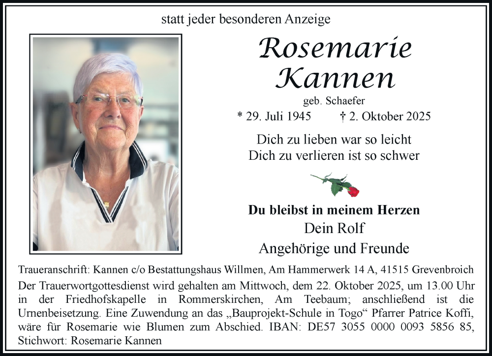  Traueranzeige für Rosemarie Kannen vom 11.10.2025 aus Rheinische Post