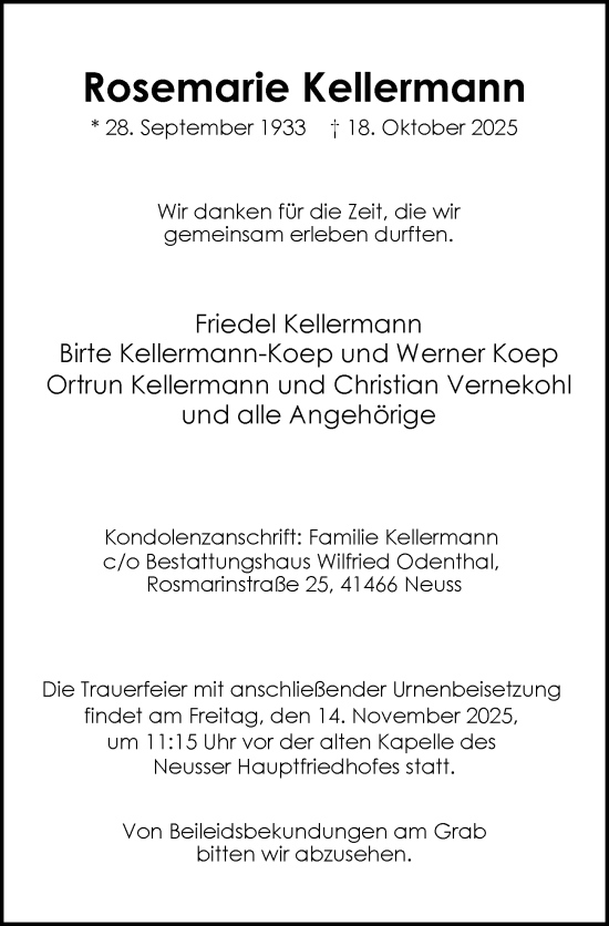 Traueranzeige von Rosemarie Kellermann von Rheinische Post