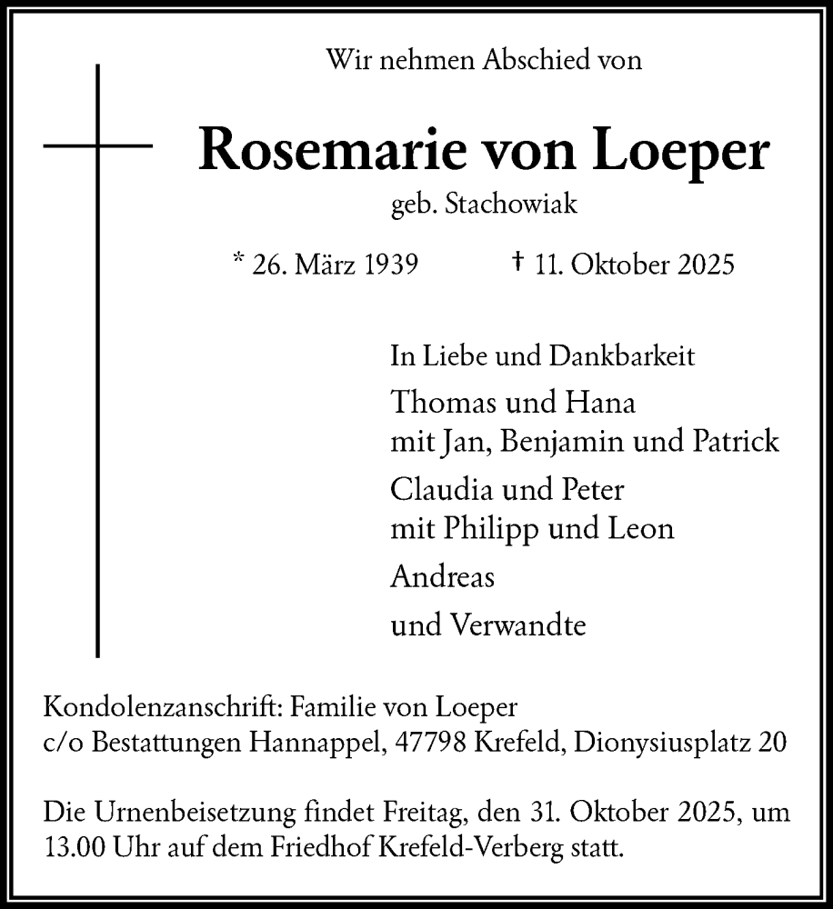  Traueranzeige für Rosemarie von Loeper vom 25.10.2025 aus Rheinische Post