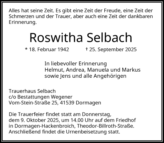 Traueranzeige von Roswitha Selbach von Rheinische Post