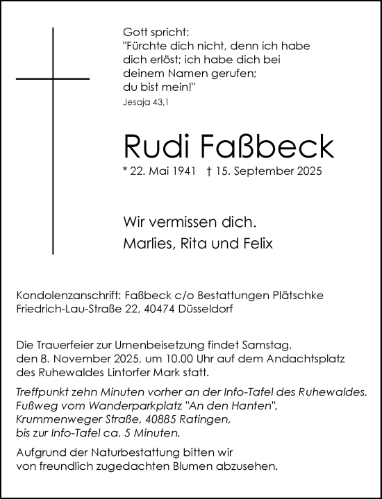 Traueranzeige von Rudi Faßbeck von Rheinische Post