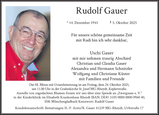 Traueranzeige von Rudolf Gauer von Rheinische Post