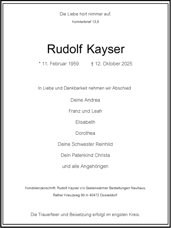 Traueranzeige von Rudolf Kayser von Rheinische Post
