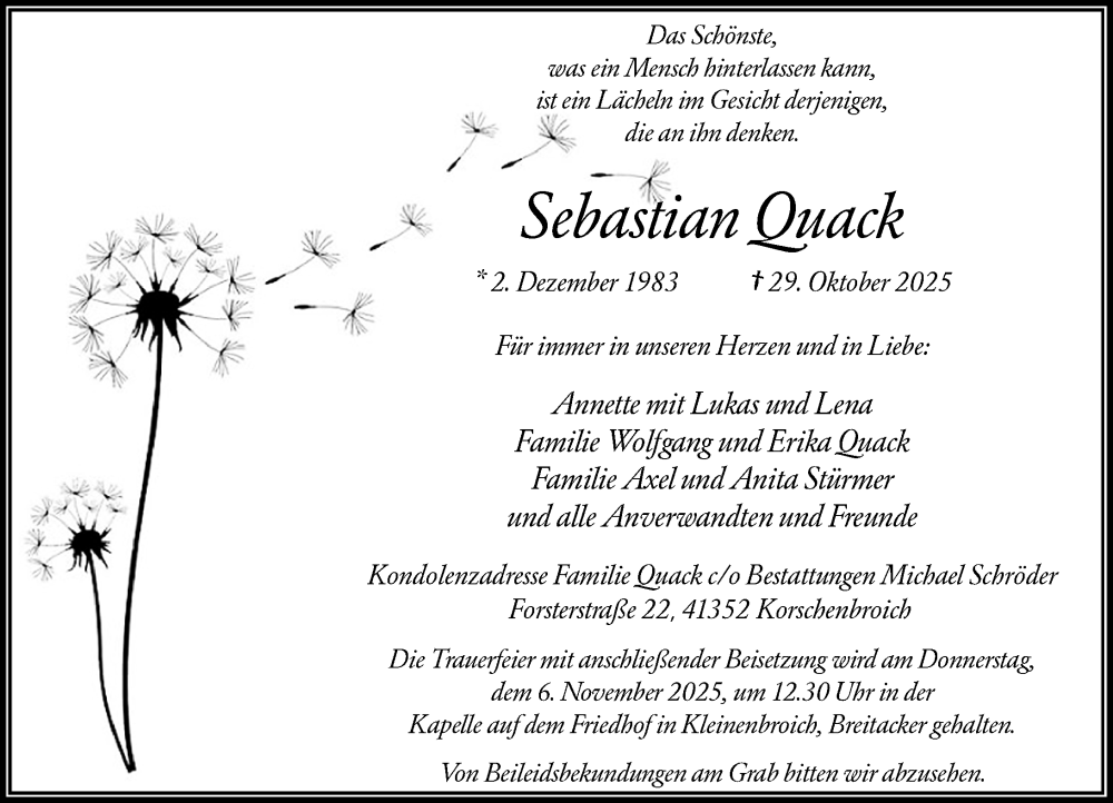  Traueranzeige für Sebastian Quack vom 01.11.2025 aus Rheinische Post