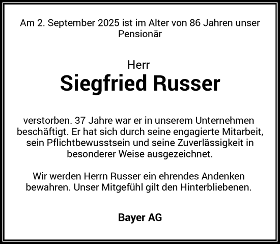 Traueranzeige von Siegfried Russer von Rheinische Post