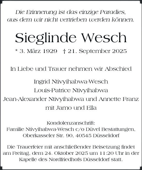 Traueranzeige von Sieglinde Wesch von Rheinische Post
