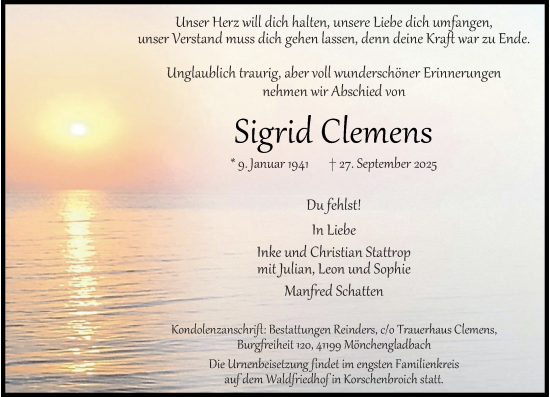 Traueranzeige von Sigrid Clemens von Rheinische Post