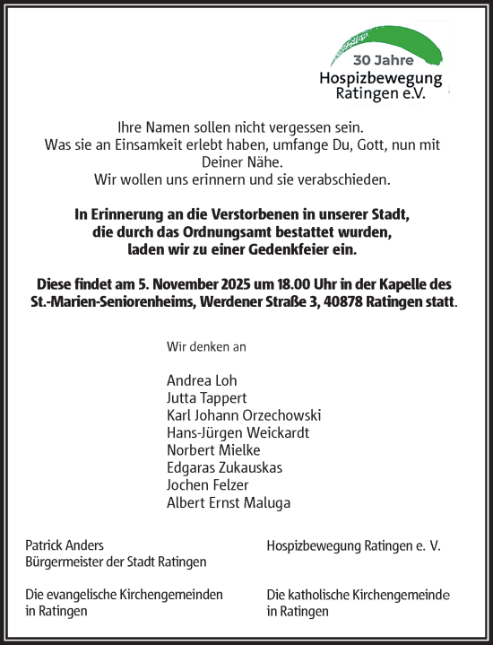 Traueranzeige von Sterbetafel vom 25.10.2025 von Rheinische Post