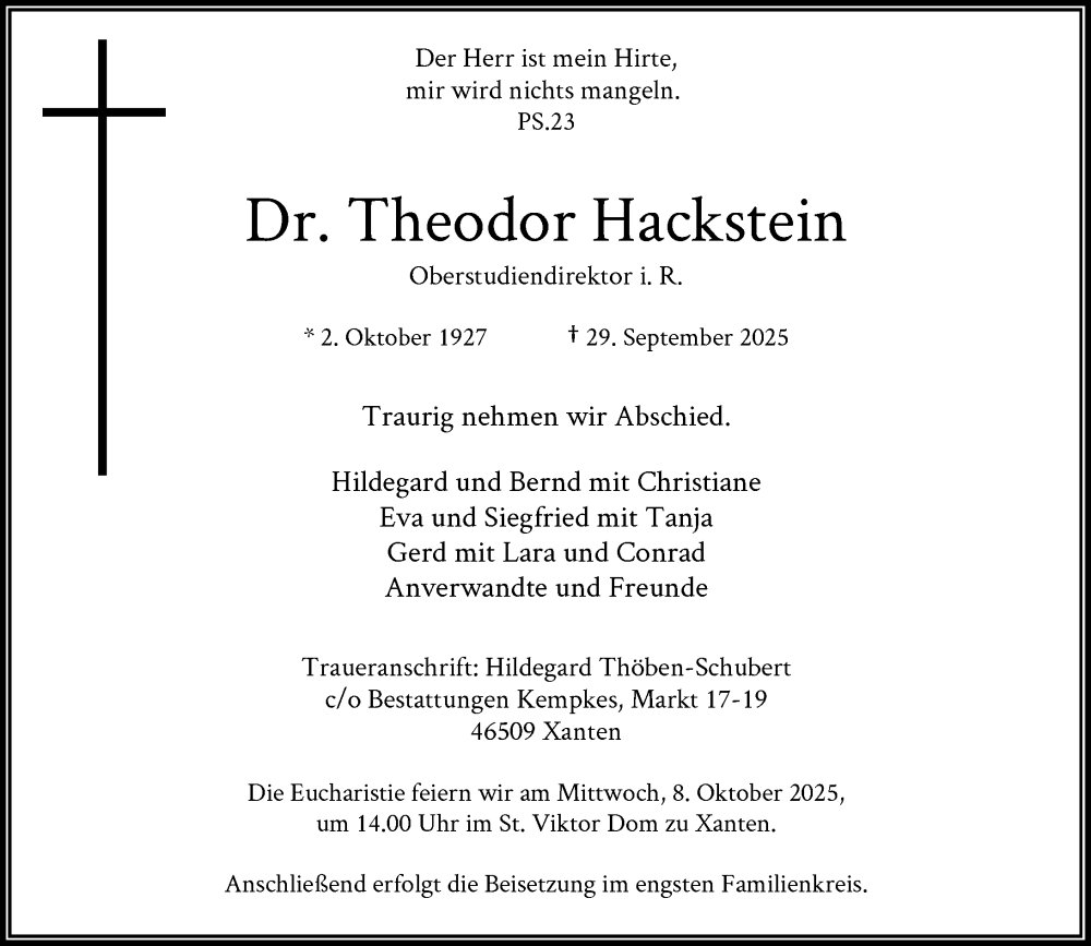  Traueranzeige für Theodor Hackstein vom 04.10.2025 aus Rheinische Post